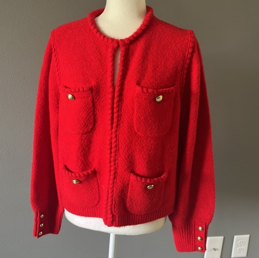 Chic red knit lady sweater - gold button accents.